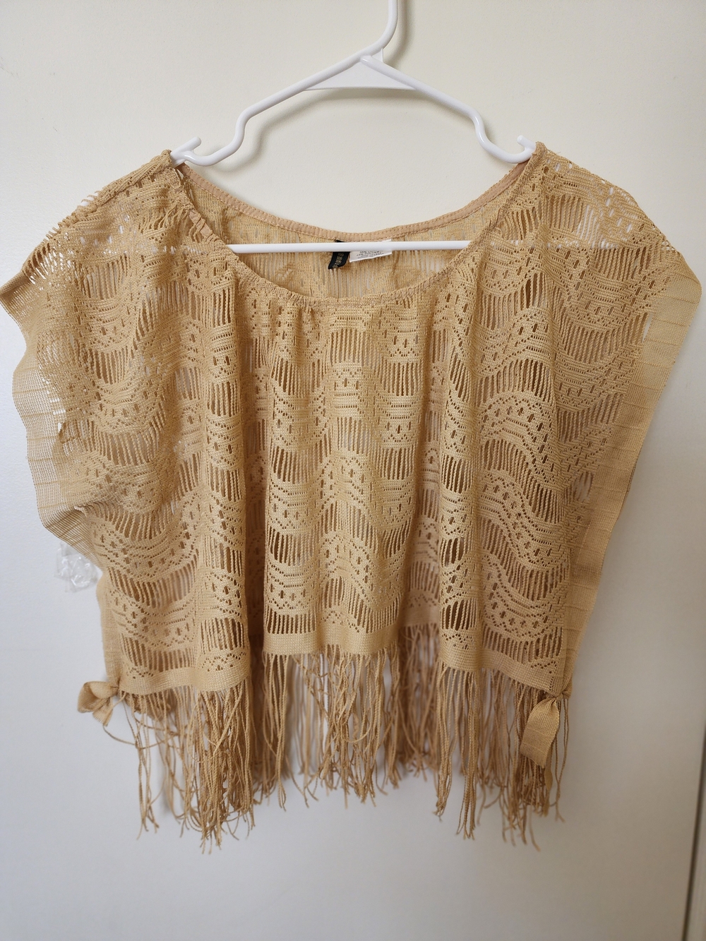 Fringed Crochet Openwork Poncho - Beige